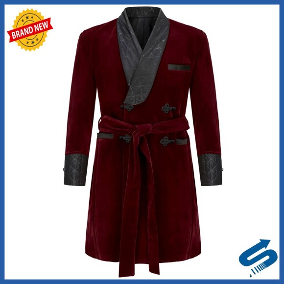 Long Velvet Smoking Robe Blazer with Belt for Wedding Party Formal Wear